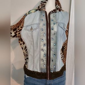 Plano Denim and animal print mesh blinged jacket